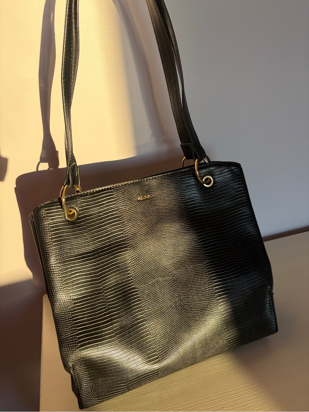 Aldo Black Textured Tote with Gold Rings